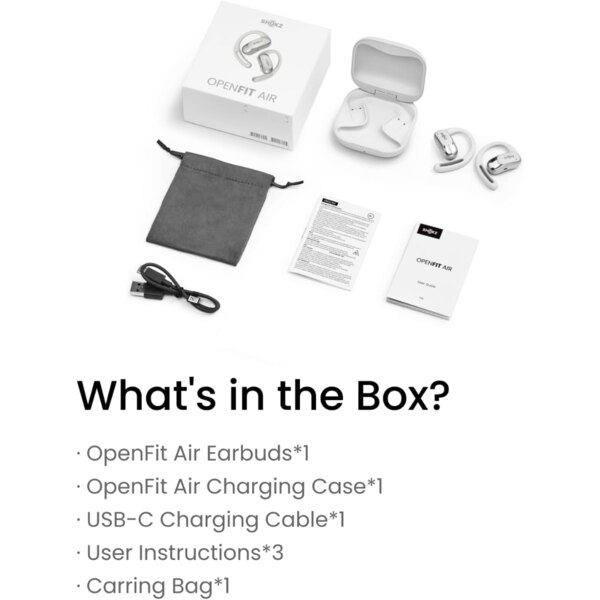 what comes in the box, OpenFit Air earbuds, charging case, charging cable, instructions, and a carrying case